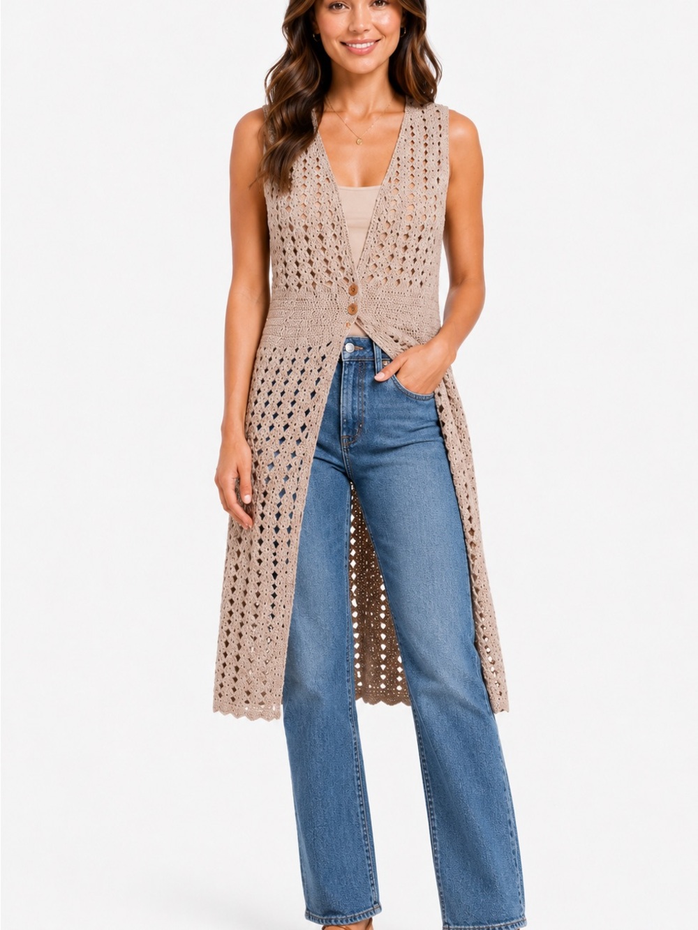 Handmade Crochet long cardigan. 16 ptp, 38 length